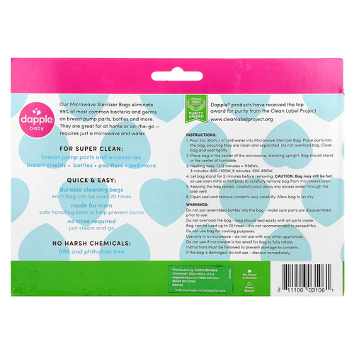 Dapple Baby, Пакеты для стерилизации в микроволновой печи, для частей молокоотсоса, бутылочки и пустышки, 8 пакетов для стерилизации
