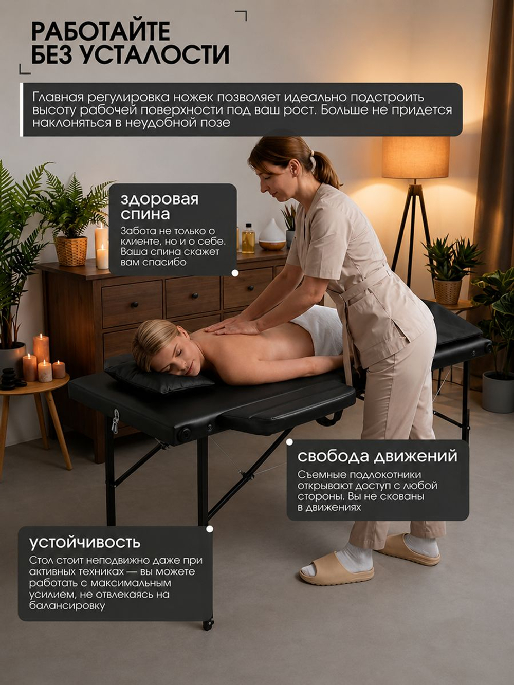 Массажный стол складной с регулировкой высоты Massagecomplekt, 190*70, c подлокотниками, черный