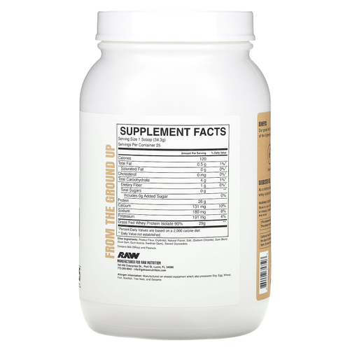 Raw Nutrition, сывороточный изолят сывороточного протеина от коров травяного откорма, с арахисовым маслом, 857,5 г (1,89 фунта)