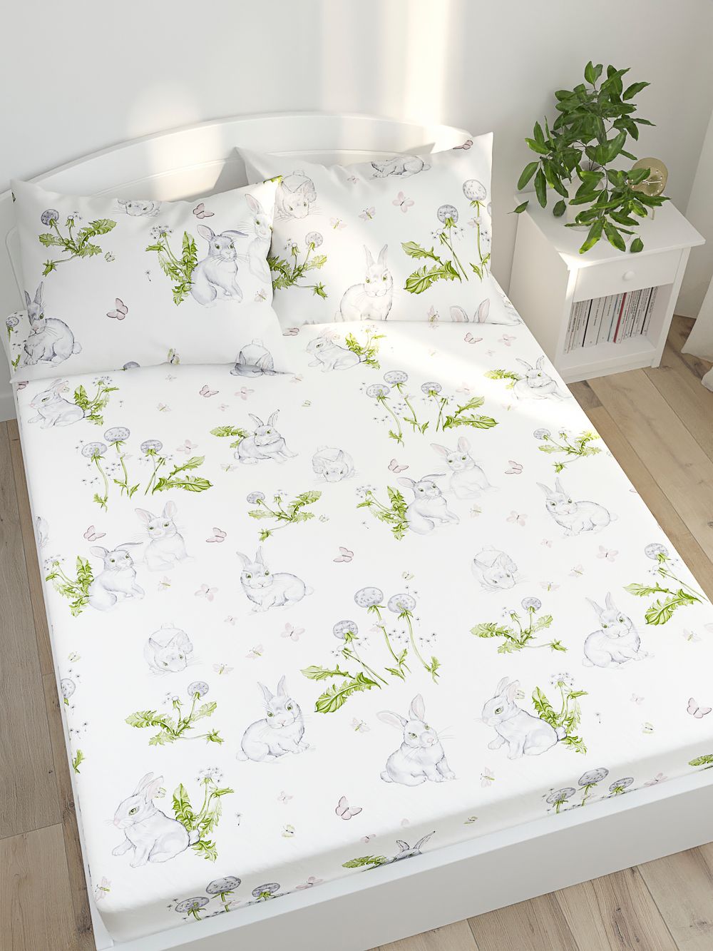 Постельное белье Сказка "Кролики" 1,5-сп Наволочка 50х70 см 1 шт Простынь на резинке 90х200 см Пододеяльник 145х215 см, поплин