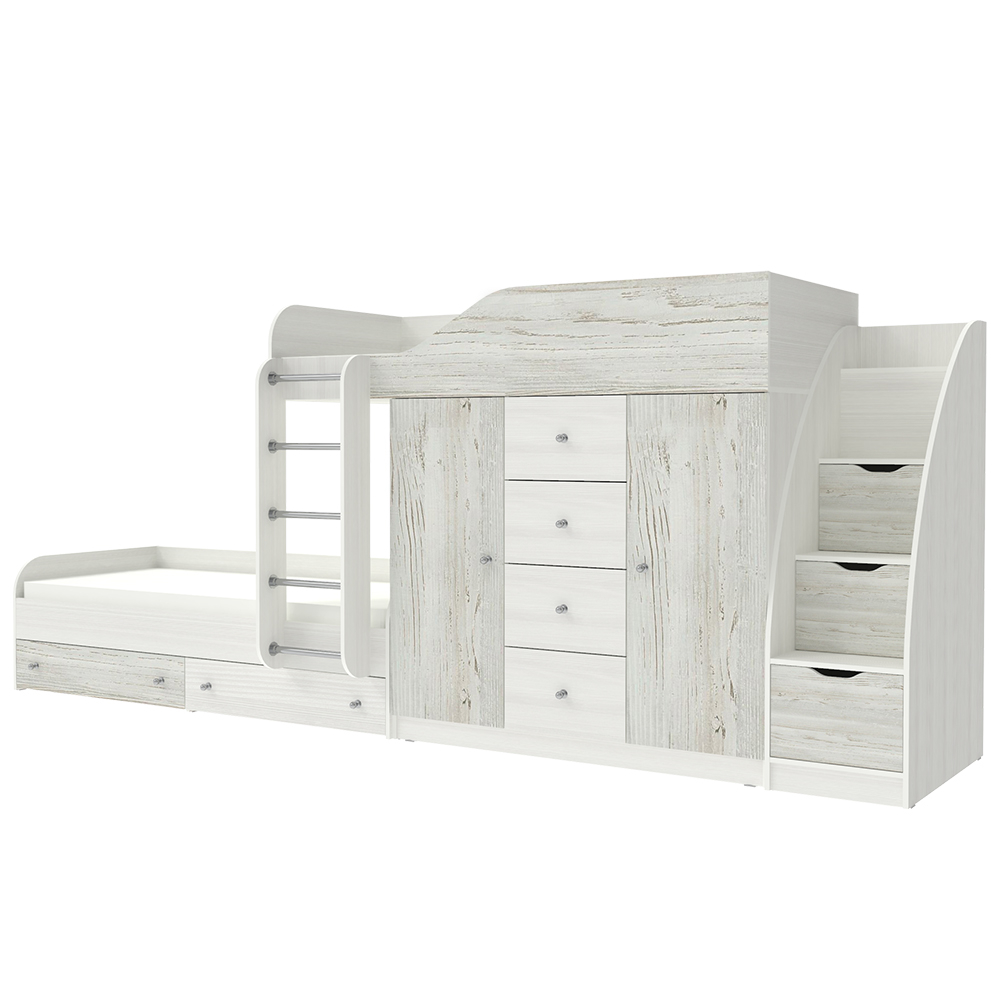 Кровать двухъярусная КарИВи Астра 6 с лестницей Комод КарИВиом Белое Дерево Винтерберг