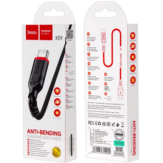 Кабель X59 USB Type-C 1M 3A HOCO черный