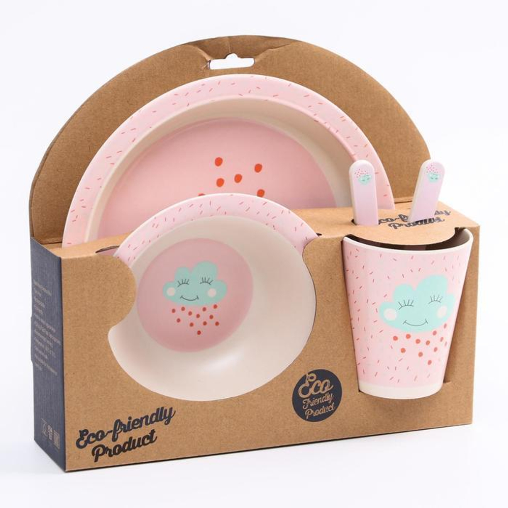 4770805 Набор бамбуковой посуды «Облачко», 5 предметов: тарелка, миска, стакан, вилка, ложка