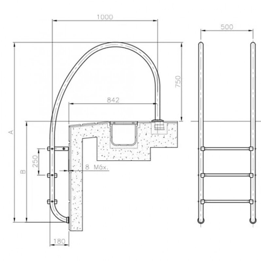 Лестница Overflow 4 ступени (нерж.ст., ступени люкс) AISI-316 (широкий борт)