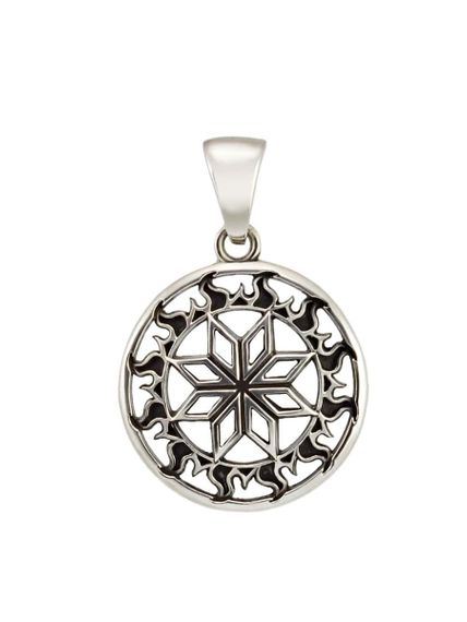 Изображение подвески Алатырь из серебра на белом фоне.