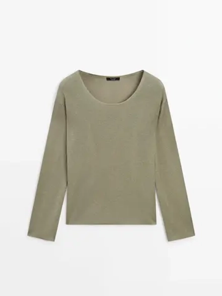 Massimo Dutti Свитер с круглым вырезом, зеленоватый