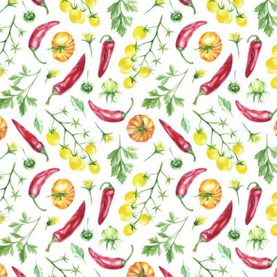 помидорки черри, чили перец и петрушка (белый фон)