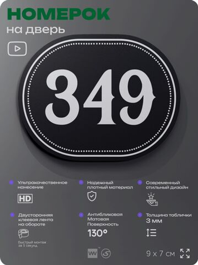 Номерок на дверь квартиры 349, для кабинета, офиса, шильдик 9 х 7 см, черный, Айдентика Технолоджи
