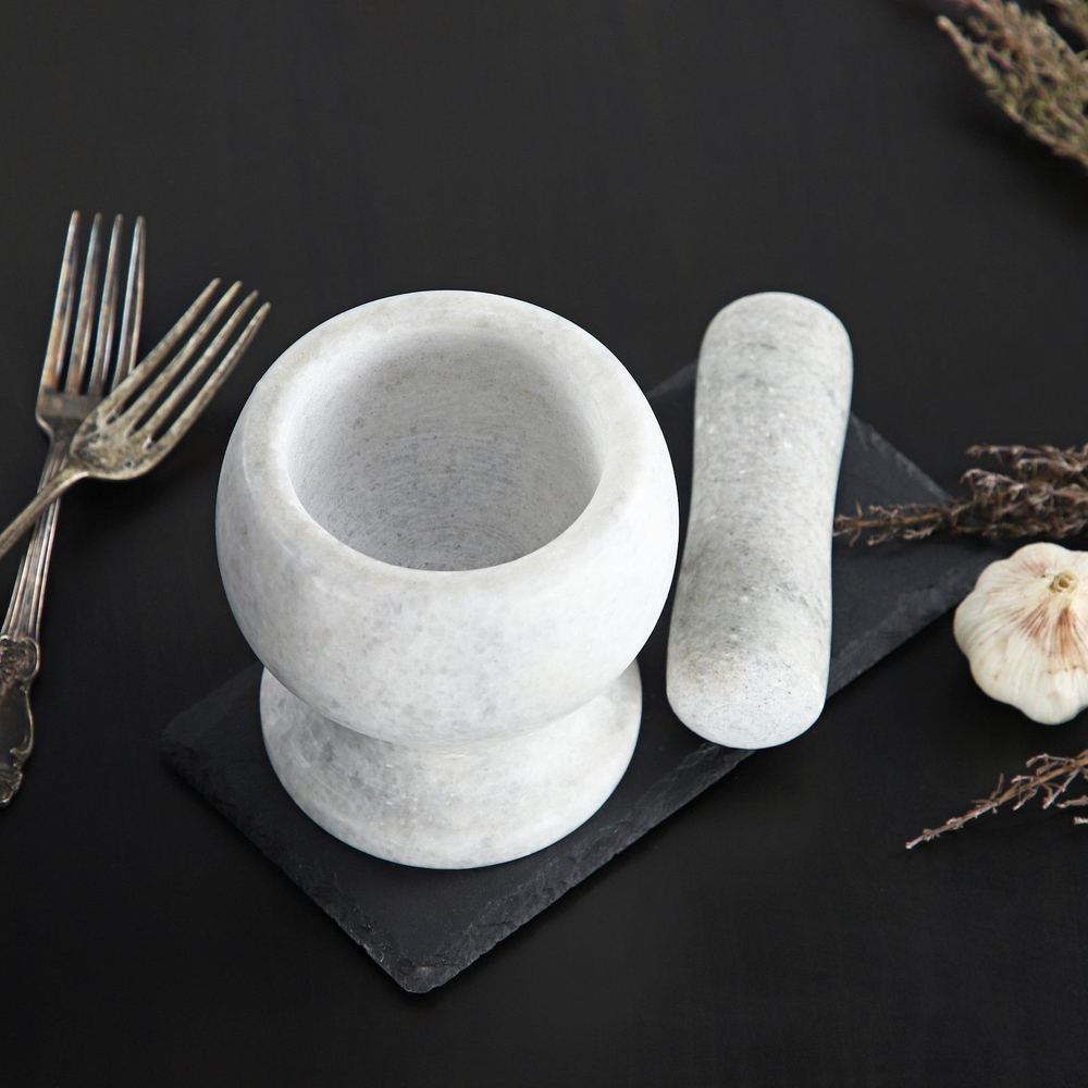 Ступка с толкушкой «Мрамор», из натурального камня, цвет белый