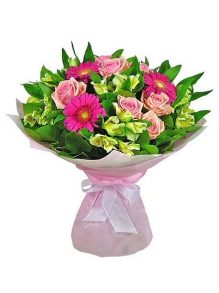 Букет Яркий день с розами, гербера и и альстромерией