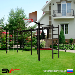 Уличная шведская стенка Sv Sport рукоход х 2 с комплектом турник прямой 2шт У50277К (Гнездо 80см/Щит баскет/Кронш бокс/Сетка)