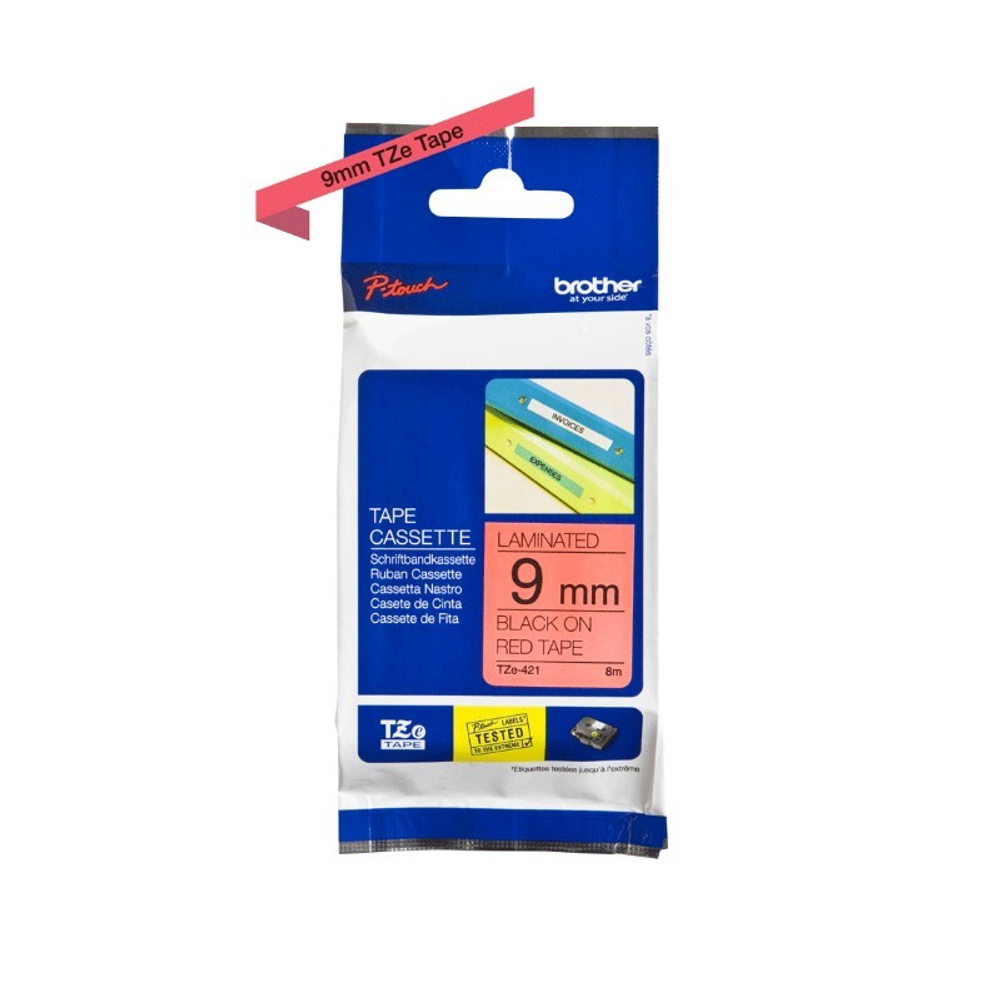 Brother TZE-421 кассета с лентой для печати наклеек, чёрный шрифт на красной основе, 9мм*8м