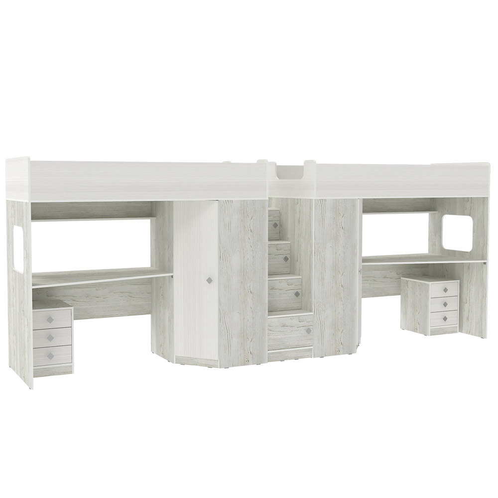 Двухъярусная кровать КарИВи Л-BB604-604 с тумбами 80х190 Винтерберг Белое Дерево