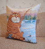Декоративный гобеленовый чехол для интерьерной подушки Кот на рыбалке 47х47