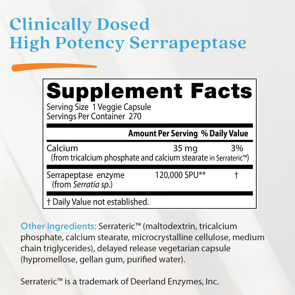 Doctor's Best, высокоэффективная серрапептаза, 120 000 SPU, 270 растительных капсул