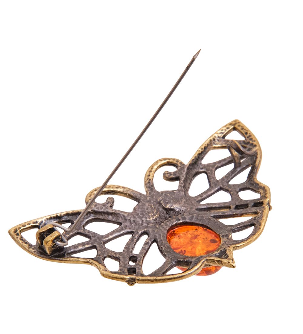 AM-3482 Брошь «Мотылек Ажурный» (латунь, янтарь)