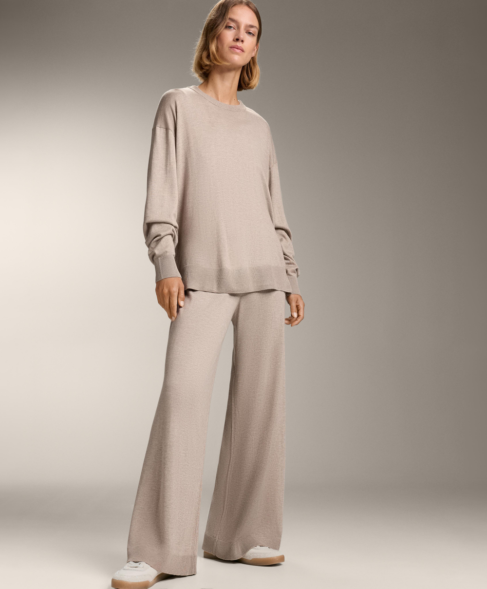 Oysho Вязаный джемпер с круглым вырезом с кашемиром, светло-коричневый