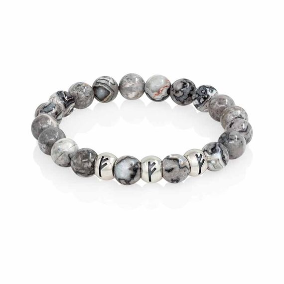 Браслет Денежный магнит из натуральной яшмы серой с тремя рунами Феху из серебра 925, вид 1