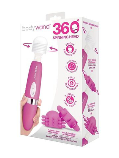 Розовый ротационный жезловый вибратор с двумя насадками 360° Spinning Head Wand Massager Set