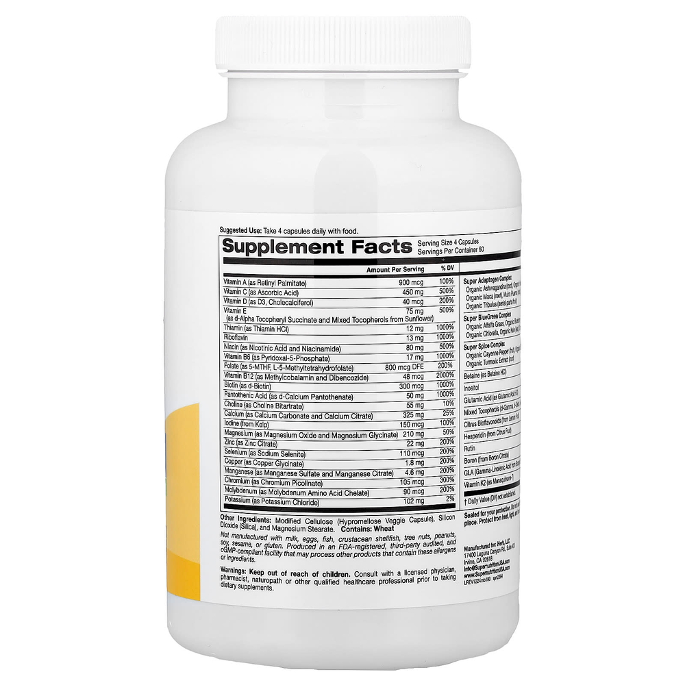 Super Nutrition, мультивитамины для мужчин, с суперадаптогенами, зеленью, специями и витамином A, без железа, 240 растительных капсул