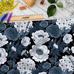 Ткань шифон густые ненасыщенные цветы на чёрном фоне