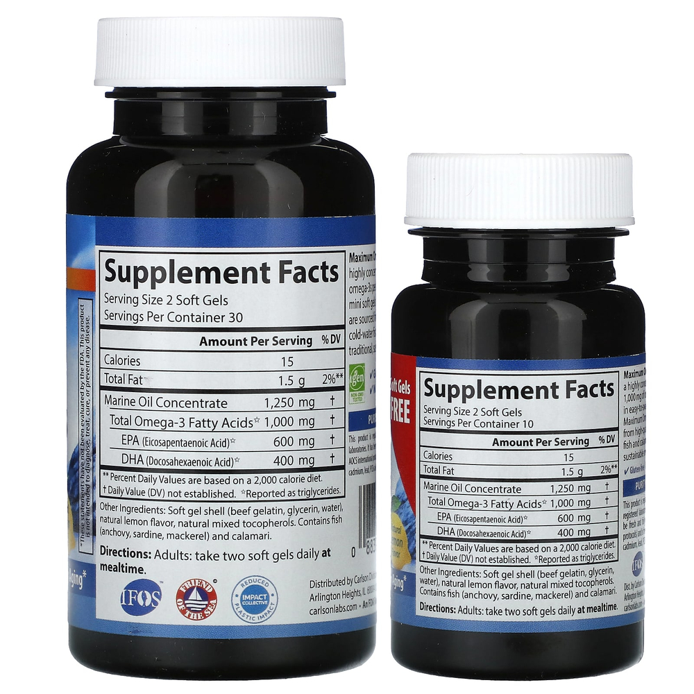 Carlson, Maximum Omega мини, натуральный лимон, 80 мини-капсул (500 мг в 1 капсуле)