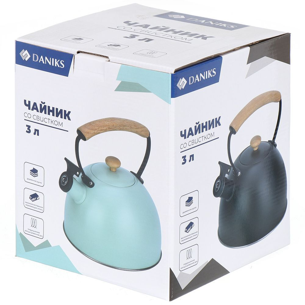 Чайник нерж, 2.5 л, свист, мат, ручк дерев, Daniks, индукц, бел, MSY-078W