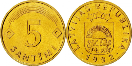 Латвия 5 сантимов, 1992 - 2009 Герб XF