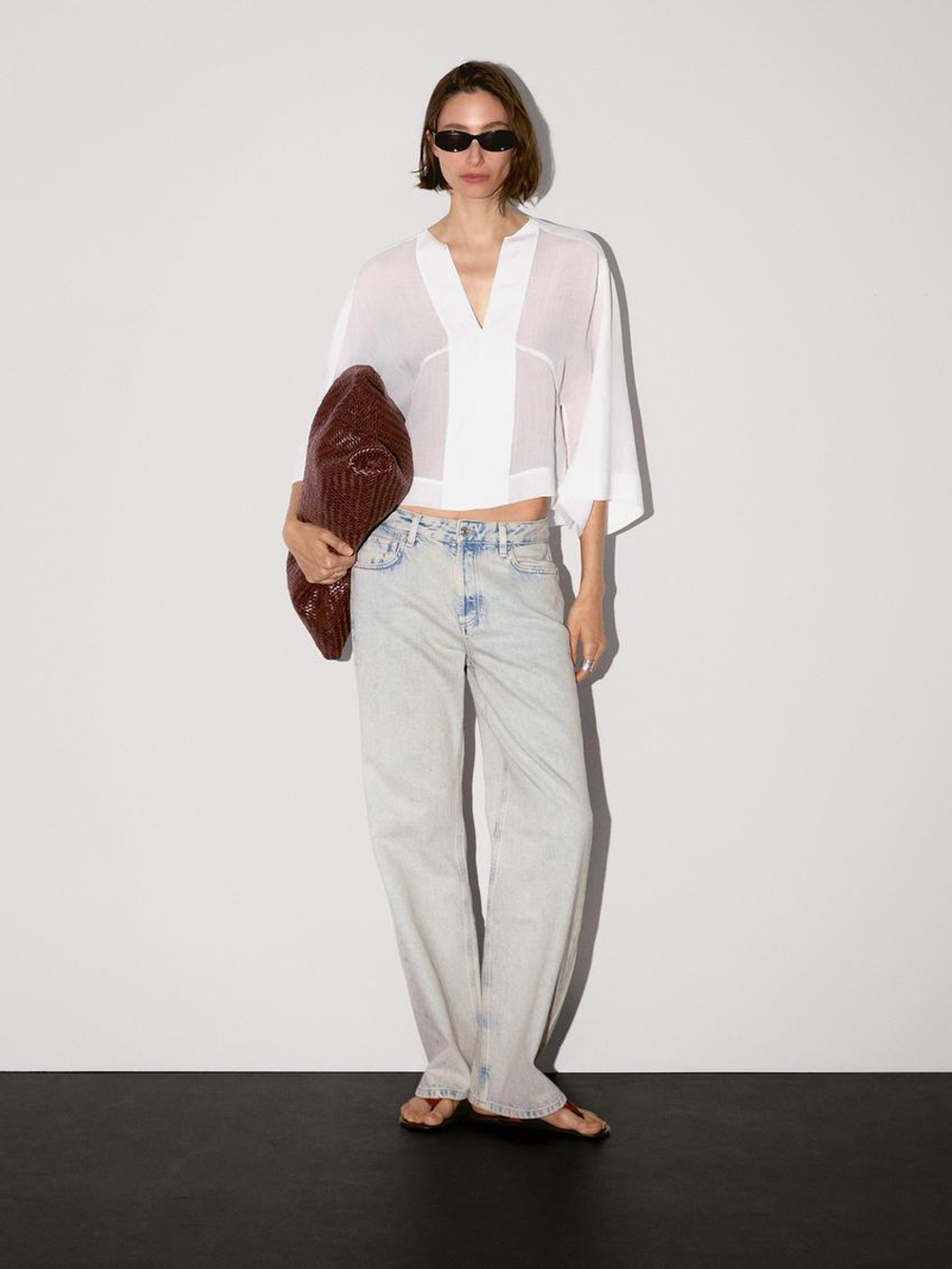 Massimo Dutti Блуза из струящегося льна с декоративными швами, натуральный, кремовый