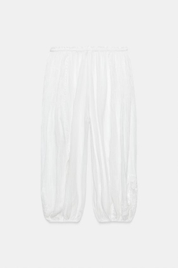 ZARA БРЮКИ-ШАРОВАРЫ С КРУЖЕВОМ — ZW COLLECTION, ЖЕЛТОВАТО-БЕЛЫЙ