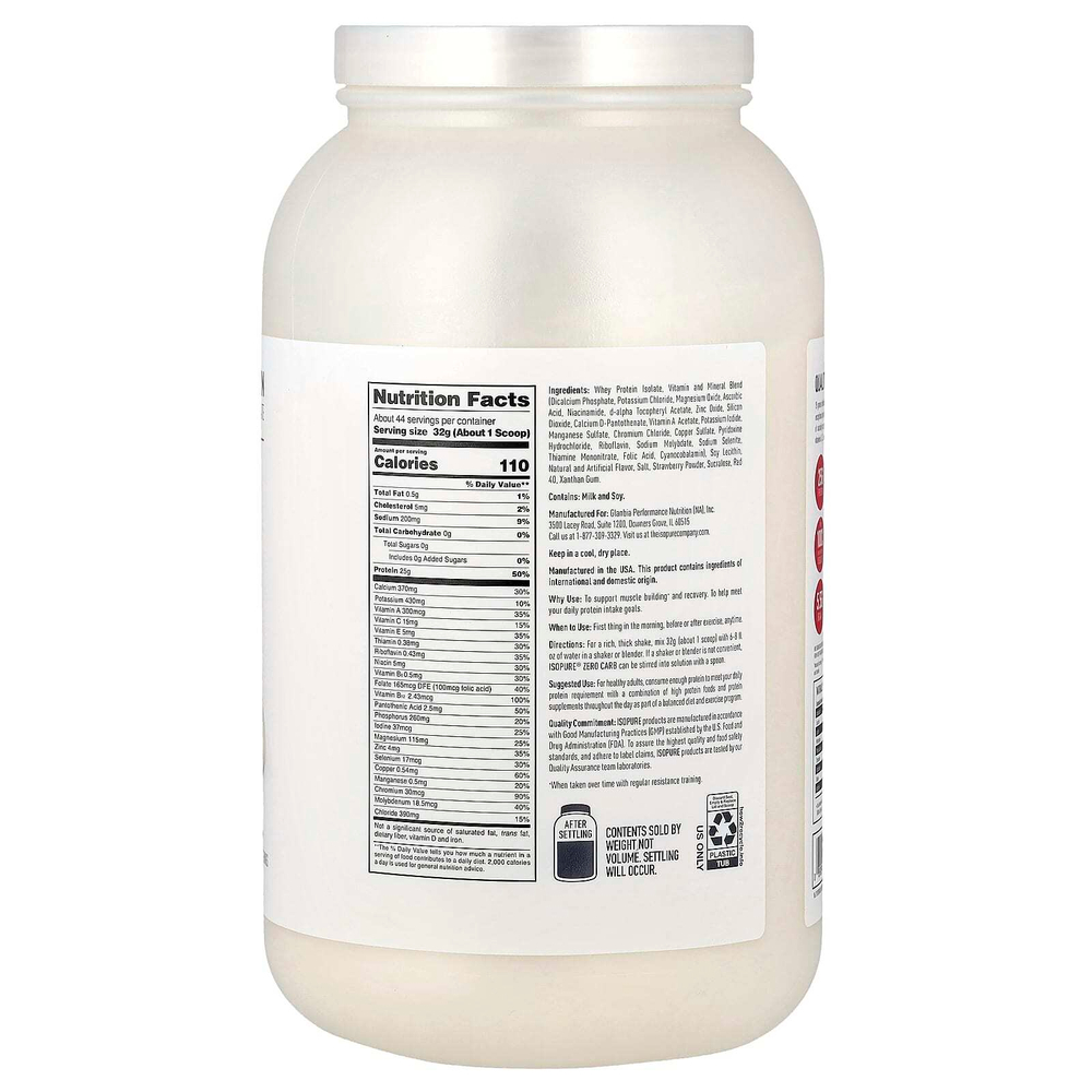 Isopure, Zero Carb, протеиновый порошок, клубника и сливки, 1,36 кг (3 фунта)