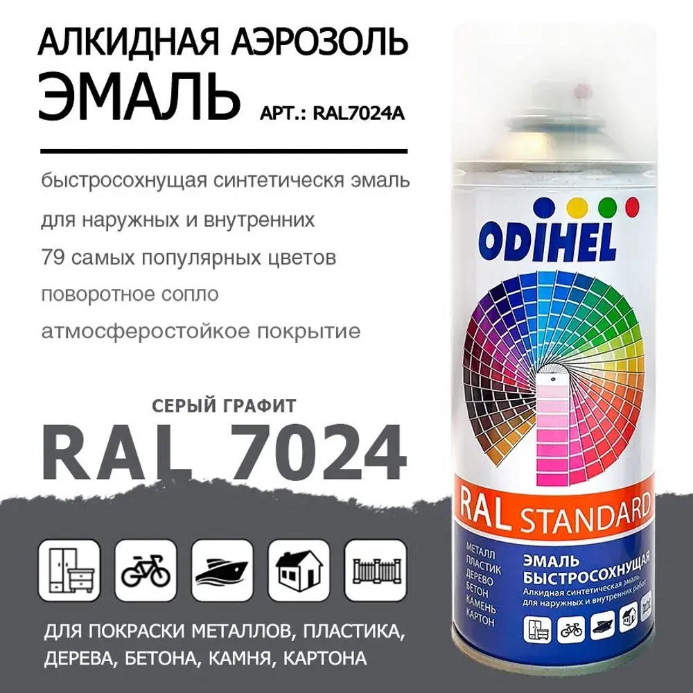 Аэрозоль эмаль (спрей) алкидная ODIHEL RAL7024 Серый графит 520мл