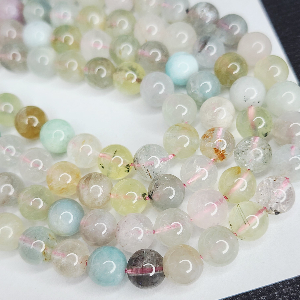 Микс бериллы, кварцы, пренит, амазонит, 8.3мм, цена за нить 19см