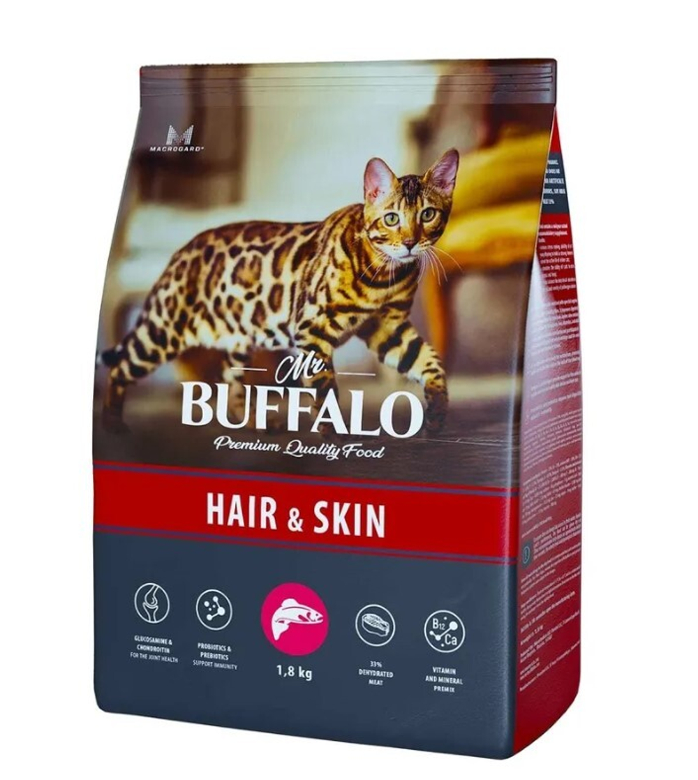 Mr.Buffalo 1.8кг Hair&Skin Сухой корм для взрослых кошек для шерсти и кожи Лосось
