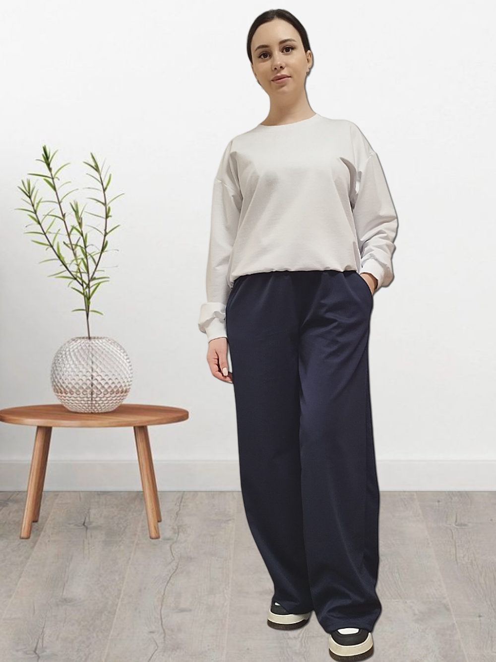 20621 Брюки женские палаццо трикотаж Диор темно-синий (54)