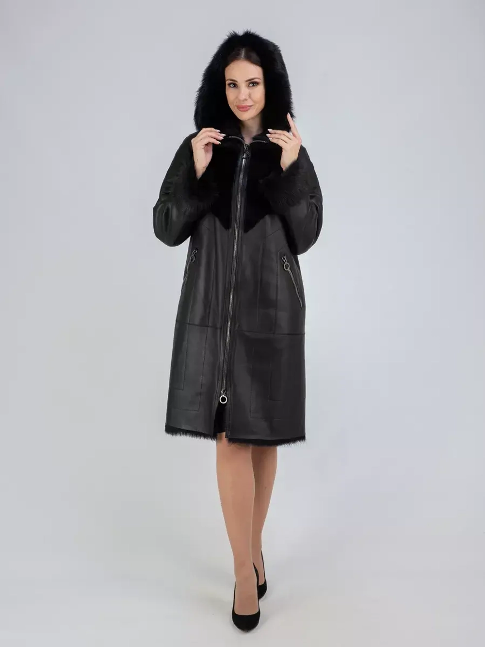 Дубленка зима натуральная с капюшоном длинная