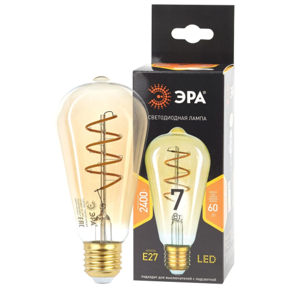 Лампа светодиодная ЭРА F-LED ST64-7W-824-E27 spiral gold E27 / Е27 7Вт филамент золотистый теплый белый свет | Филаментные декоративные