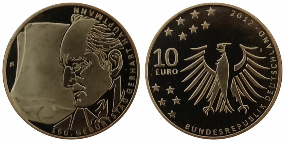 Германия 10 евро, 2012 150 лет со дня рождения Герхарда Хауптмана