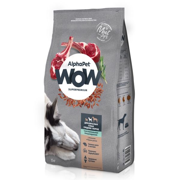Сухой корм AlphaPet WOW Superpremium для взрослых собак средних пород с чувствительным пищеварением с ягненком и бурым рисом
