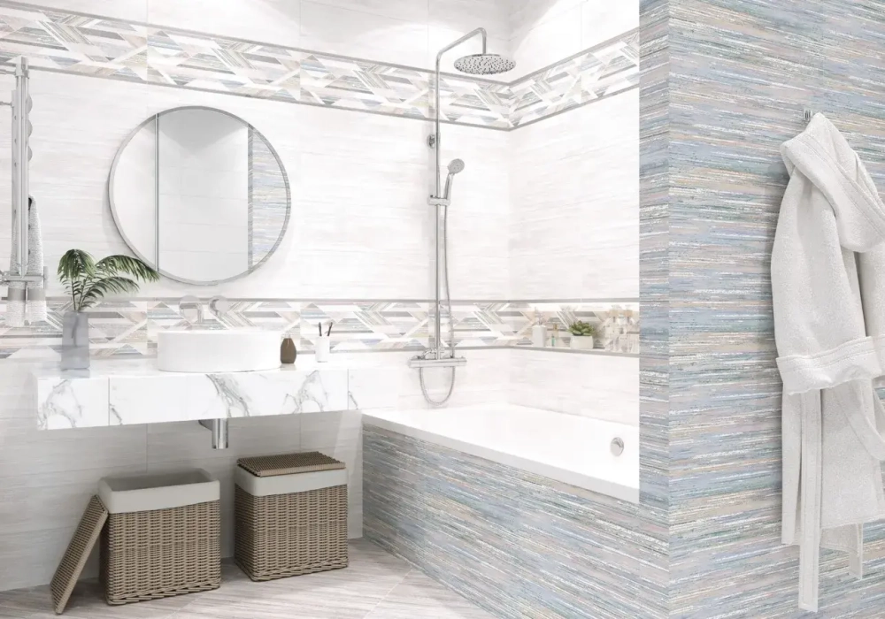 Бордюр Alma Ceramica BWA61MDS406 Medis 3x60 бежевый / голубой матовый с орнаментом