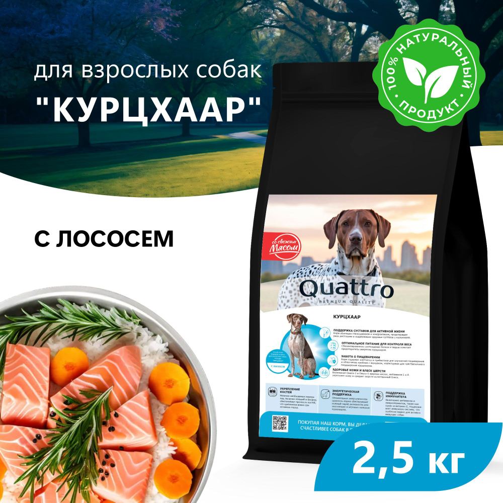 Корм сухой для взрослых собак породы Курцхаар, премиум полнорационный комплекс, с лососем, 2,5 кг, QUATTRO