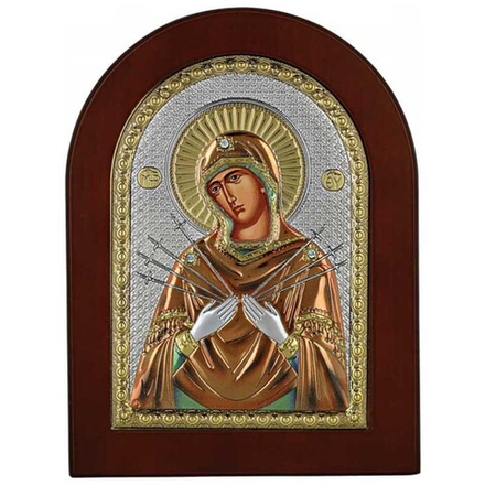 Семистрельная икона Божьей Матери в серебряном окладе.