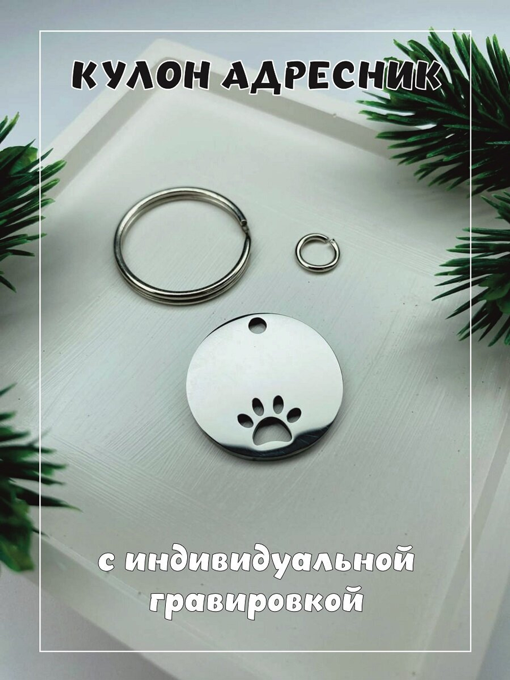 Кулон адресник, хромированный, с лапой, круглый, серебро