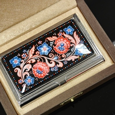 Сувенирная визитница "Русские узоры триколор" №0060 (ручная роспись Палех) в футляре