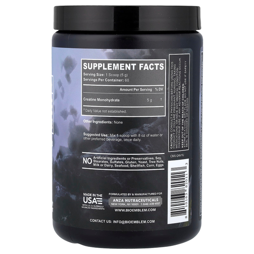 BioEmblem, Моногидрат креатина, без добавок, 300 г (10,6 унции)