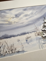 Картина авторская акварельная в паспарту 30х40 см на стену для интерьера "Поздний рассвет. Зима"