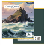 Тетрадь 36 л., А5, линия, Alingar "Пейзажи", скрепка, офсет, мелованный картон (стандарт), 5 дизайнов в пленке т/у