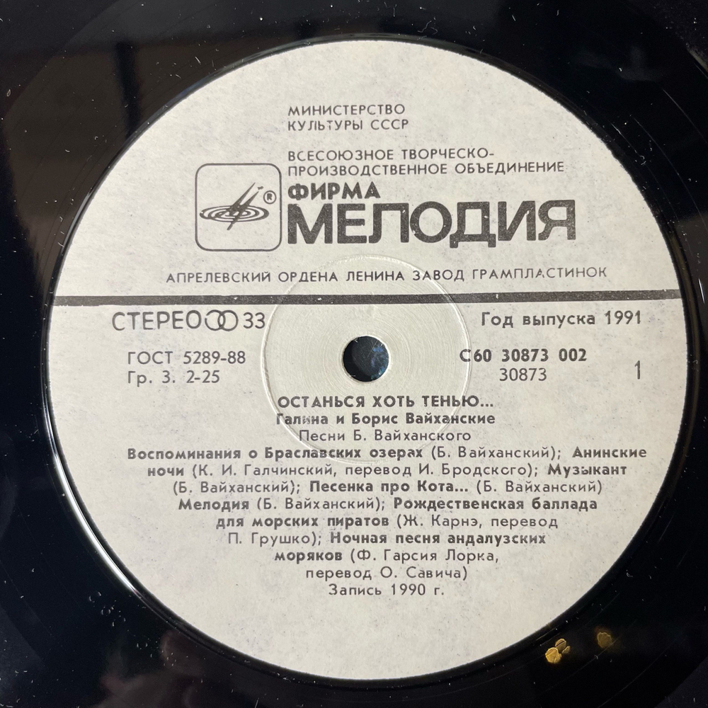 Винтажная виниловая пластинка LP Галина И Борис Вайханские, Останься Хоть Тенью Песни Б. Вайханского (СССР 1991)