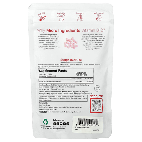 Micro Ingredients, витамин B12, натуральный клубничный вкус, 1000 мкг, 365 жевательных таблеток