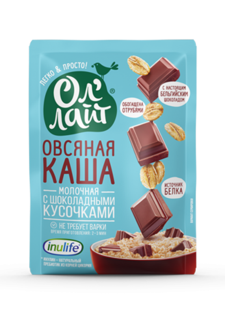 Овсяная молочная каша быстрого приготовления «С шоколадными кусочками», 40 г (0,34 б)